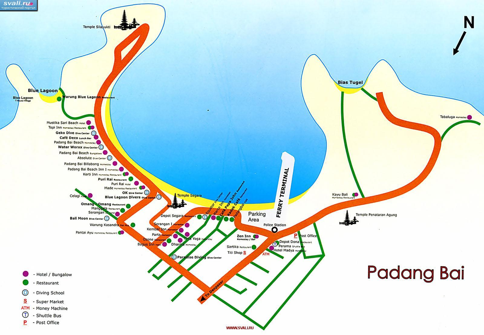 Туристическая карта Падангбай (Padangbai), остров Бали, Индонезия.