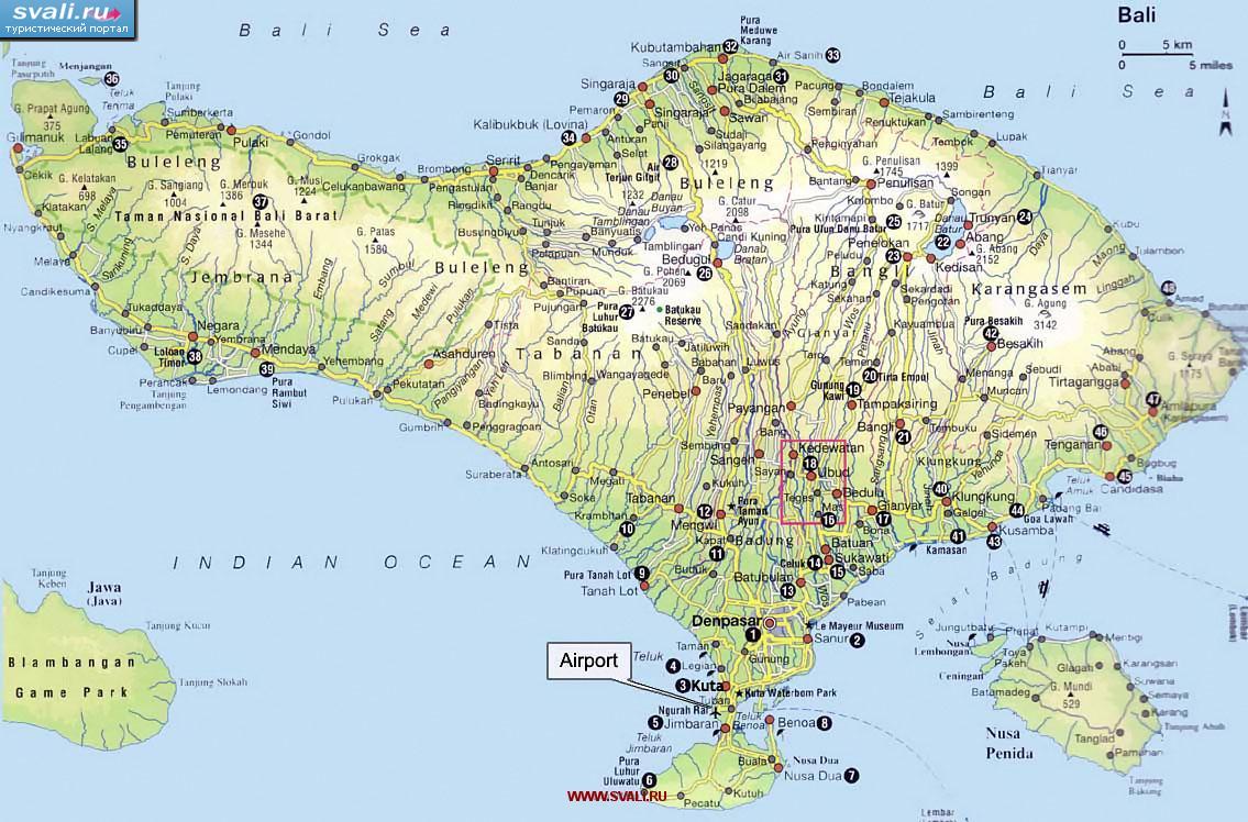 Карта острова Бали (Bali), Индонезия (англ.)