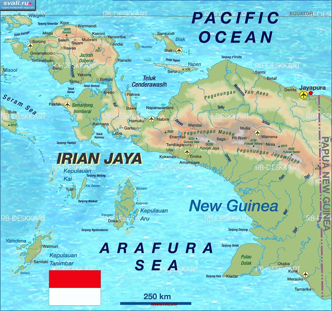 Туристическая карта острова Новая Гвинея (Джаяпура, Вамена, Биак), Ириан Джая, Индонезия (англ.)