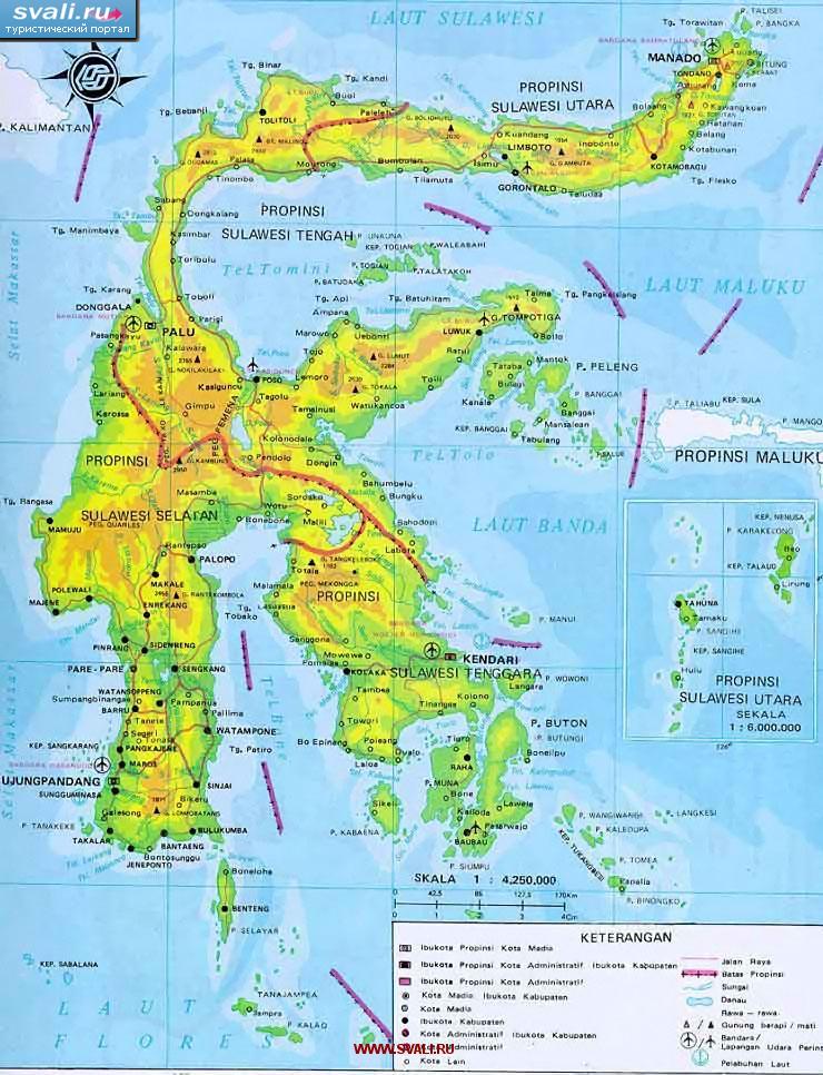 Карта острова Сулавеси (Sulawesi), Индонезия (индон.)