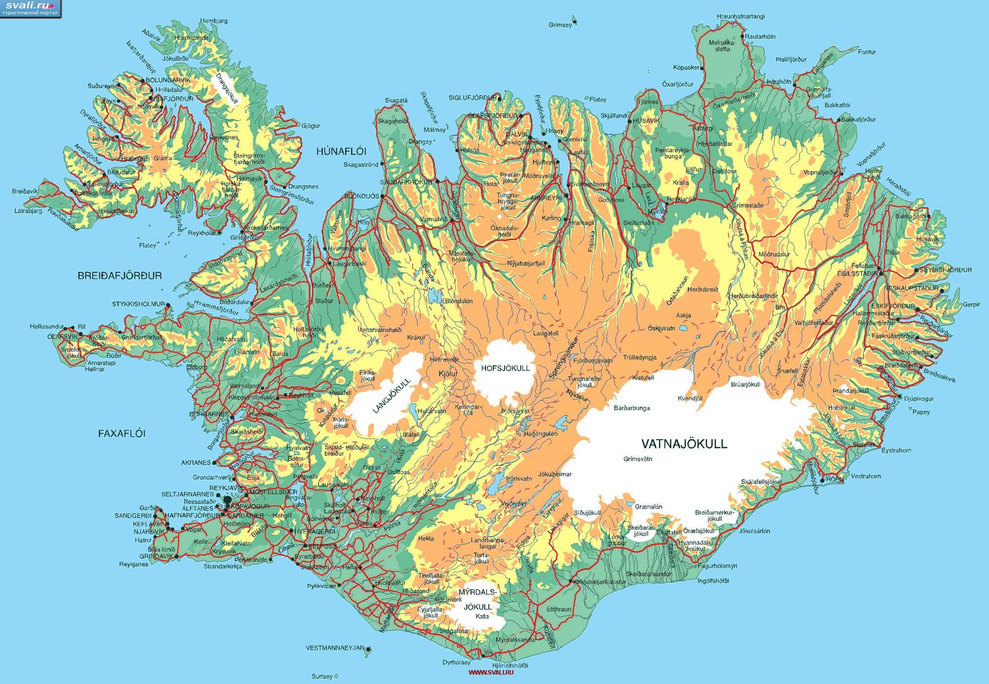 Карта Исландии с рельефом (исл.)