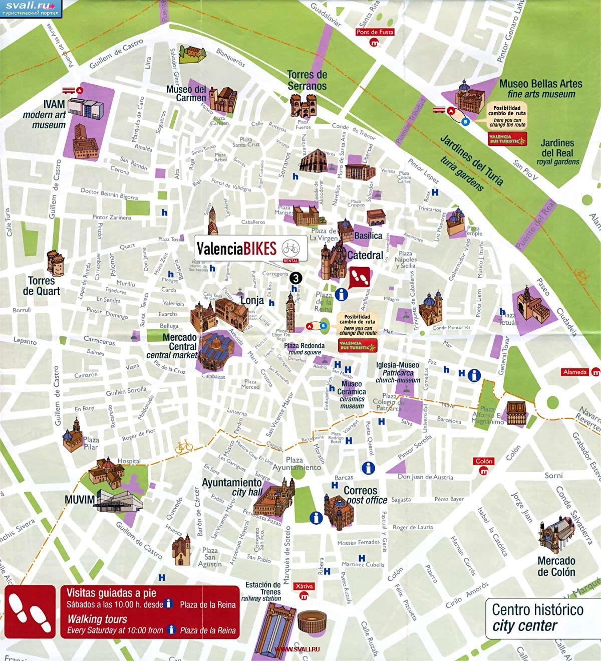 Туристическая карта центра Валенсии с достопримечательностями, Испания (англ.)