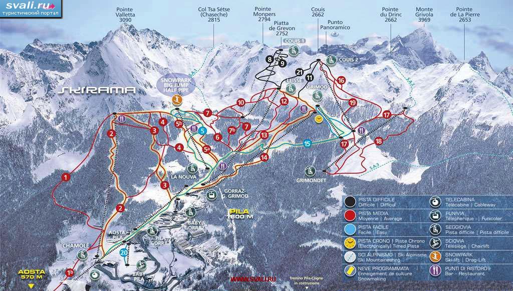 Карта трасс горнолыжного курорта Пила (Pila), Аоста (Aosta), Италия (итал.)