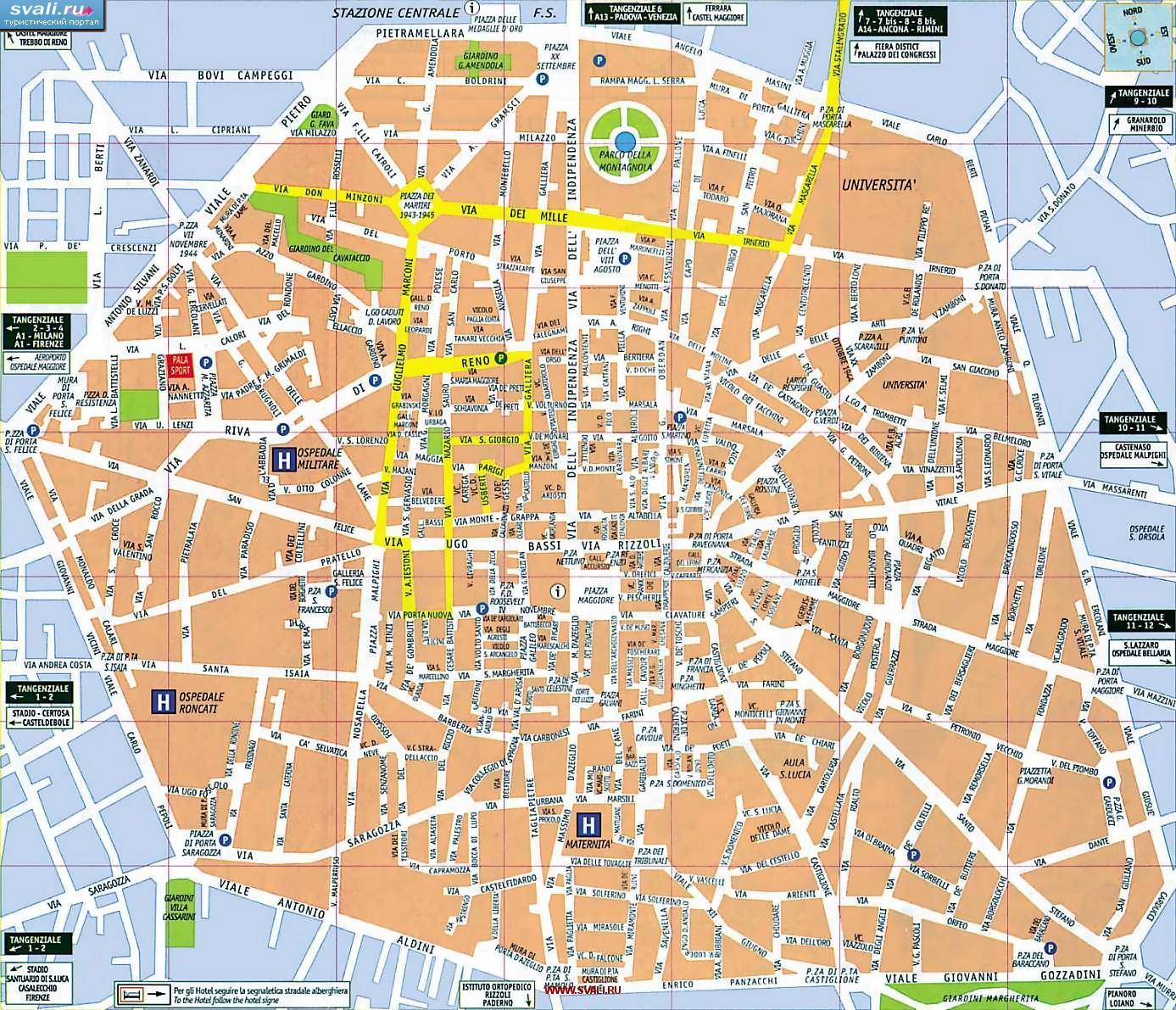 Карта центра Болоньи, Италия (итал.)