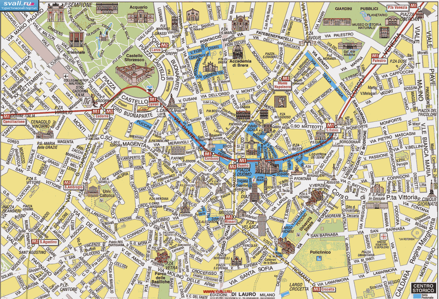 Карта центра Милана с достопримечетельностями, Италия (итал.)