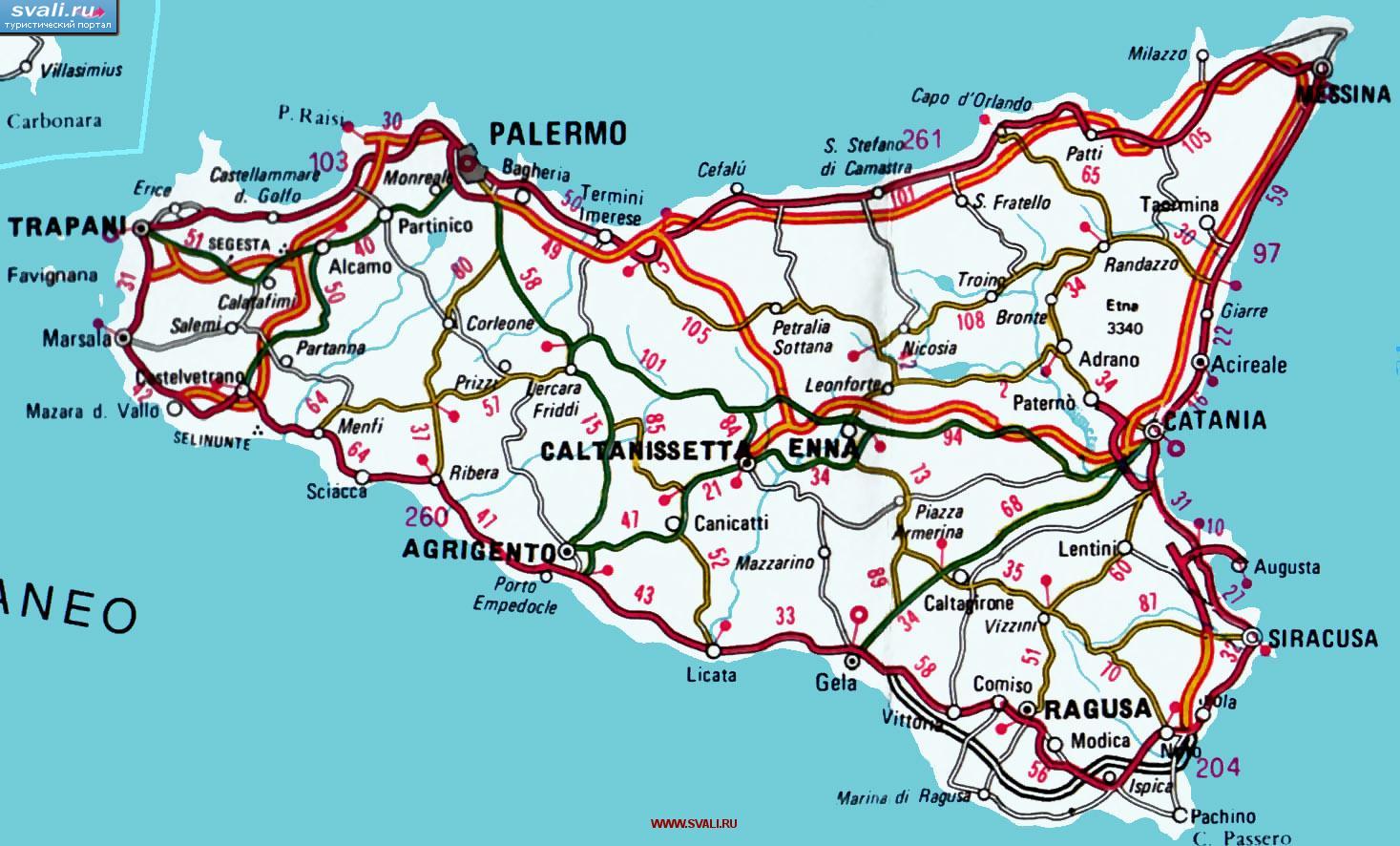 Карта автодорог Сицилии с километражем, Италия  (итал.)