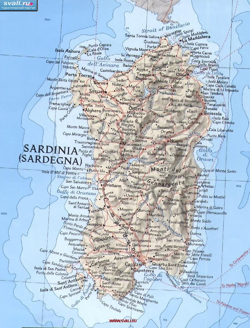 Подробная карта острова Сардиния, Италия (итал.)