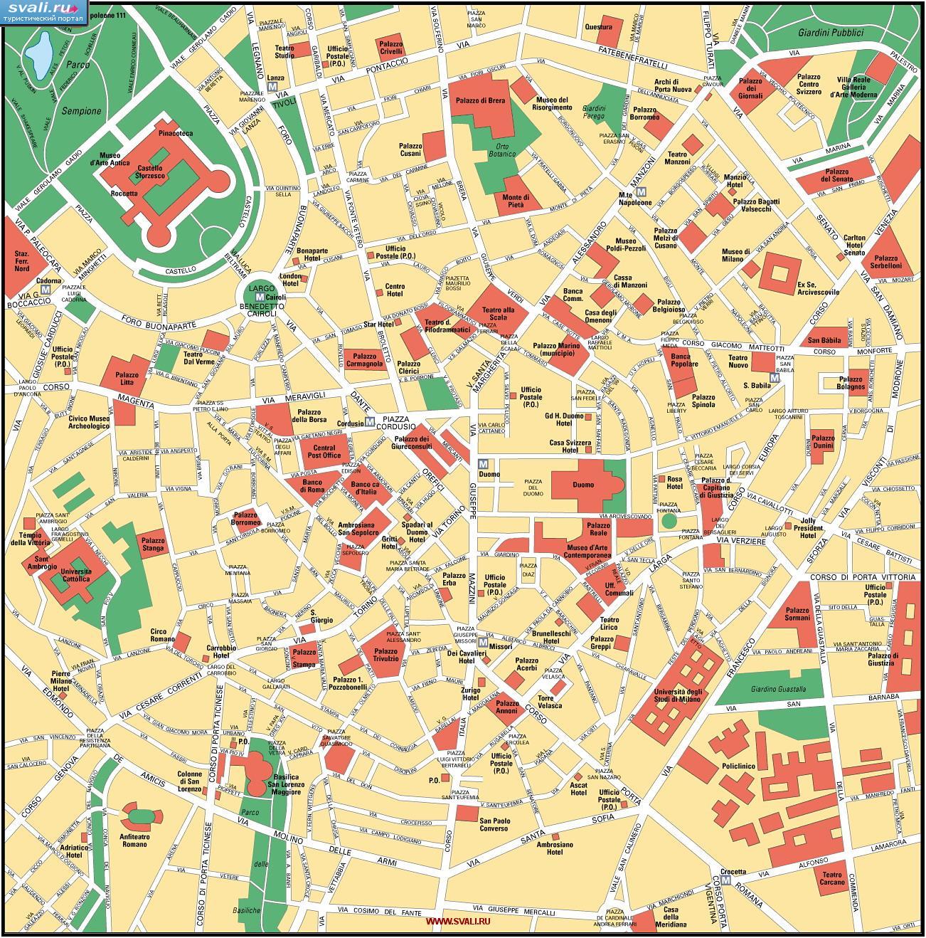 Туристическая карта центра Милана, Италия (итал.)