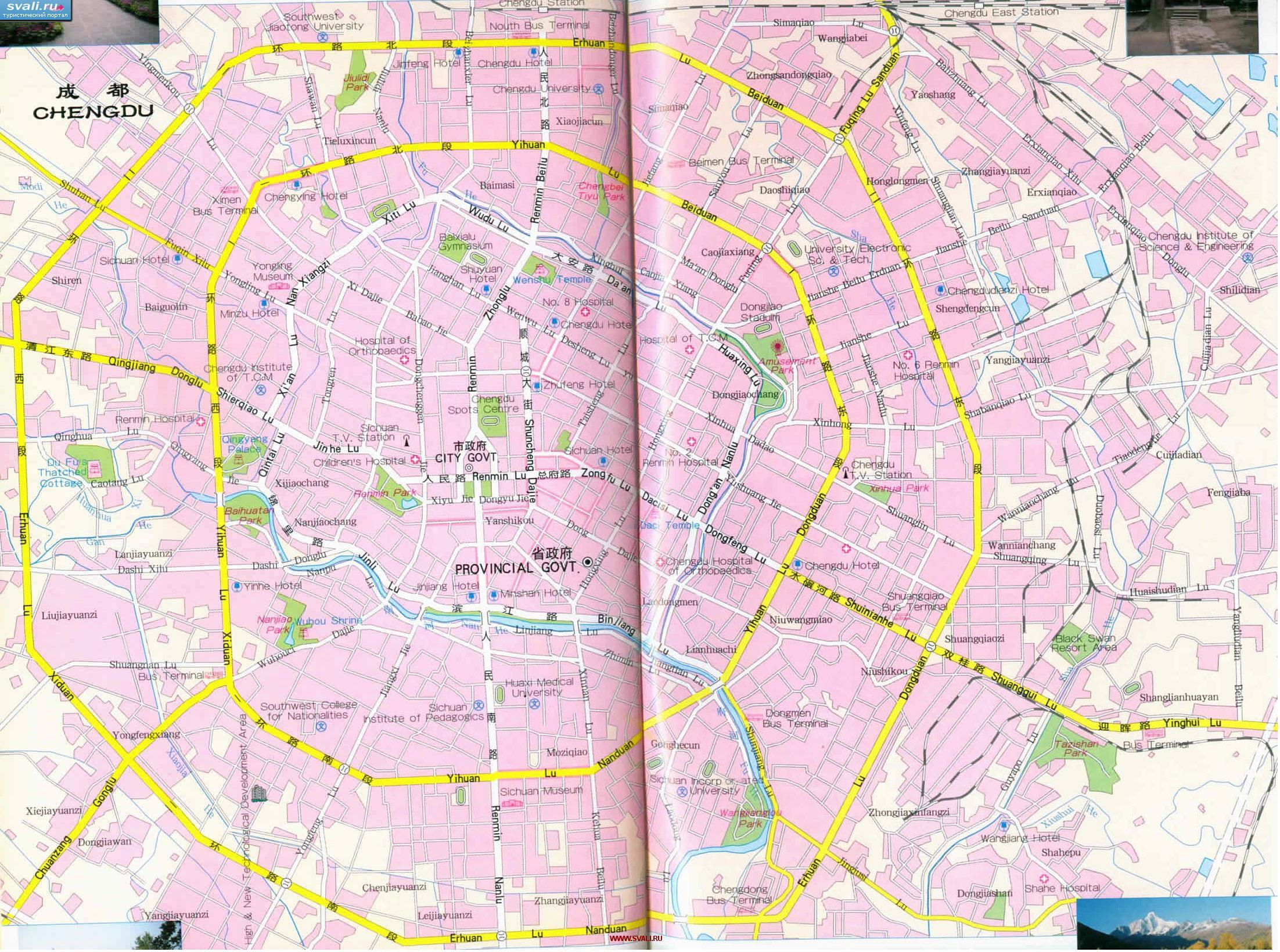 Карта города Чэнду (Chengdu), провинция Сычуань (Sichuan), Китай (англ., кит.)