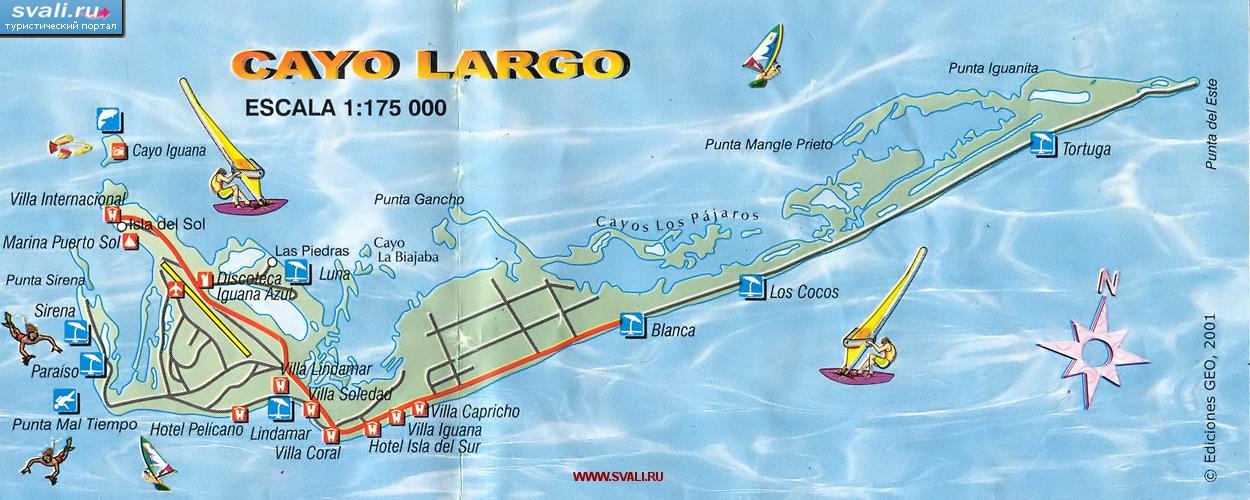 Туристическая карта острова Кайо Ларго (Cayo Largo) (главный кубинский дайвинг-центр), Куба (исп.)