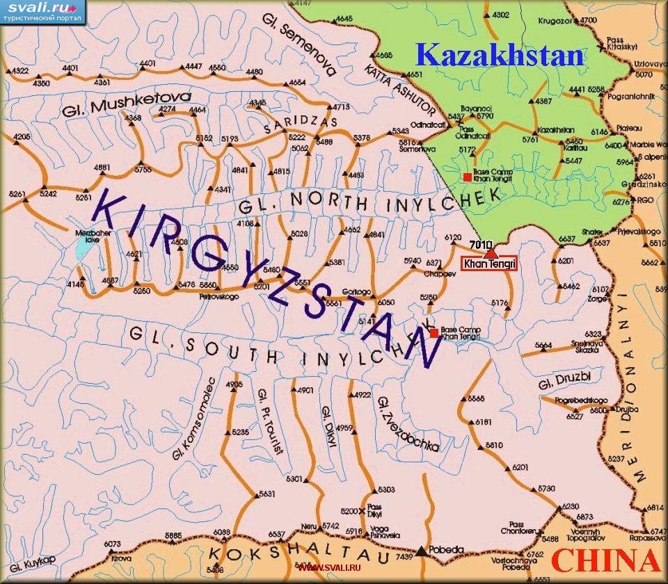 Окрестности пика Хан-Тенгри, схема хребтов и ледников, Центральный Тянь-Шань, Киргизия (английский).
