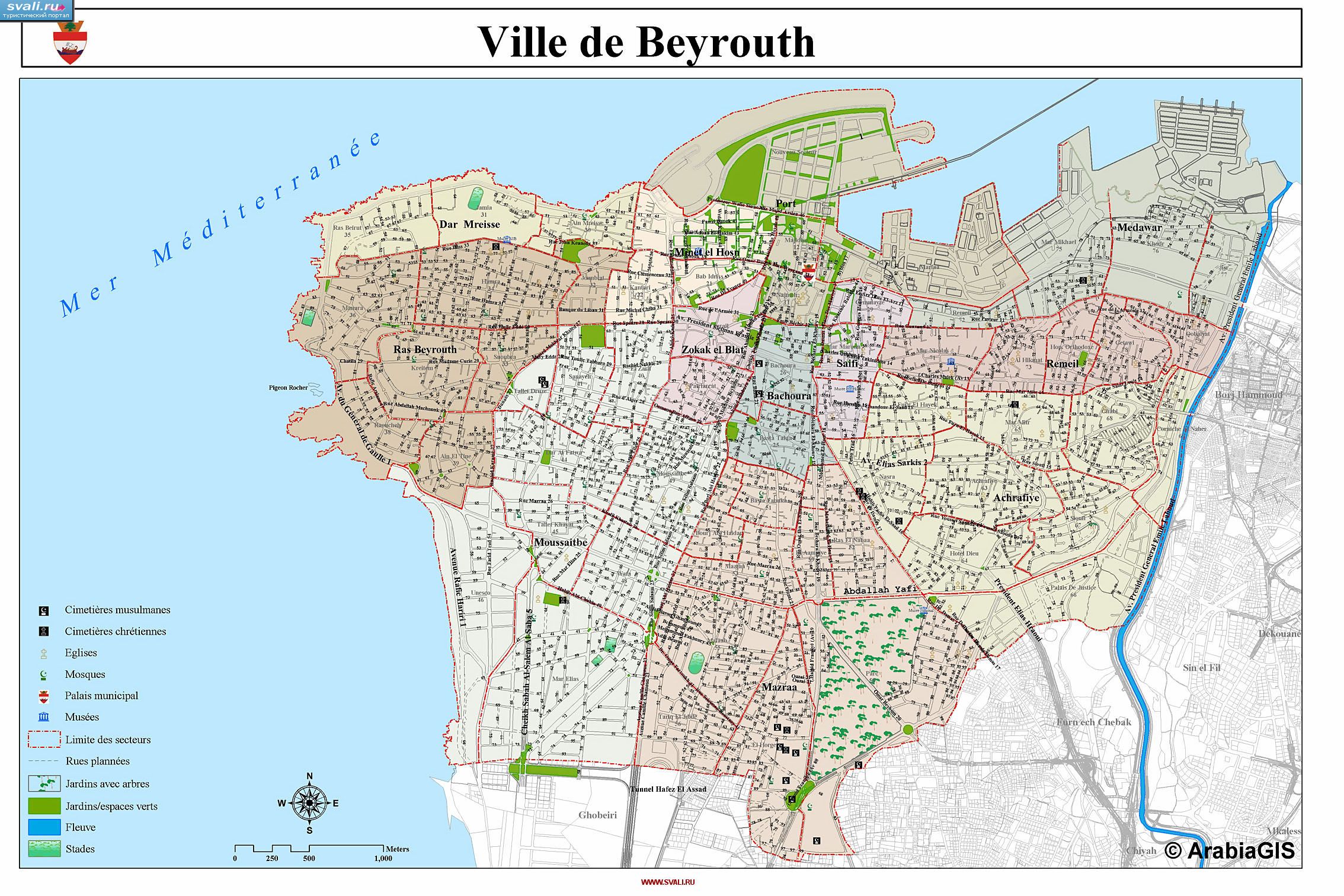 Карта центра Бейрута (Beirut), Ливан (франц.)