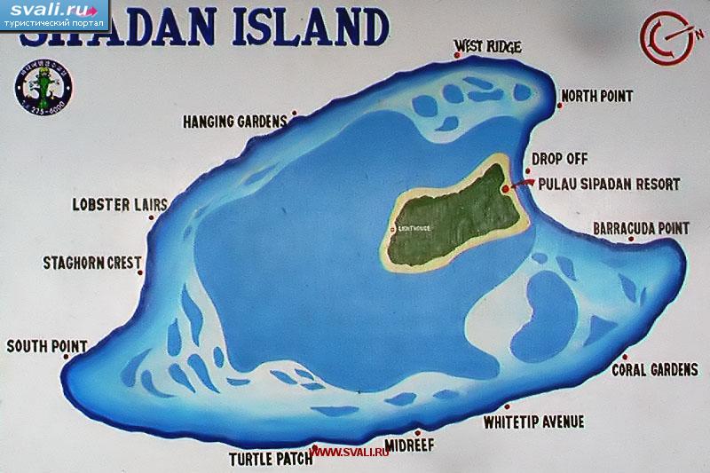 Карта мест для дайвинга острова Сипадан (Sipadan), штат Сабах (Sabah), Малайзия (англ.)