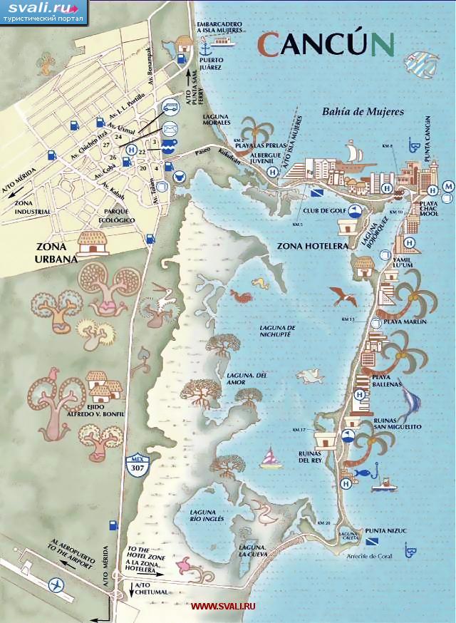 карты : Туристическая карта курорта Канкун (Cancun), Мексика (исп.)  Мексика  Туристический 