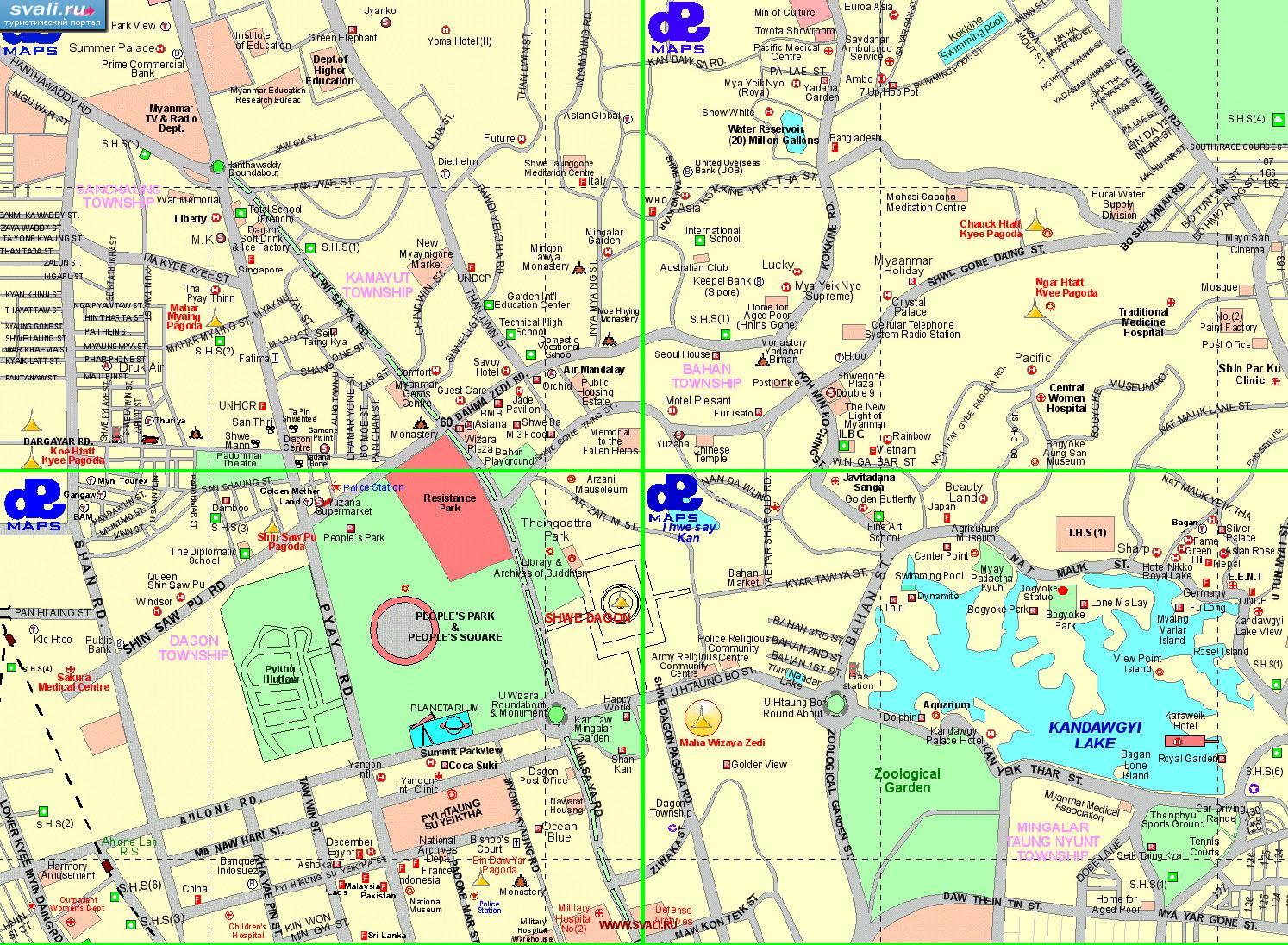 Подробная туристическая карта окрестностей пагоды Шведагон,  Янгон (Yangon, Рангун), Мьянма (Бирма) (англ.)