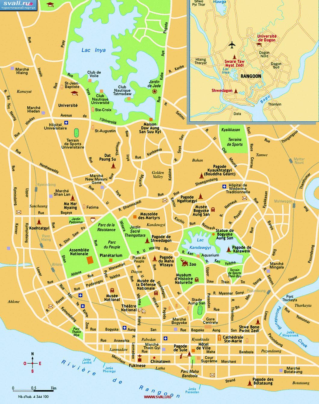 Туристическая карта Янгона (Yangon, Рангун), Мьянма (Бирма) (англ.)