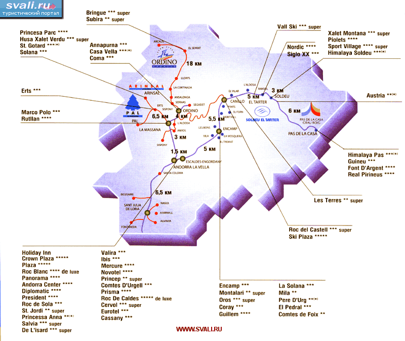 Андорра. Схема расположения отелей (англ.)