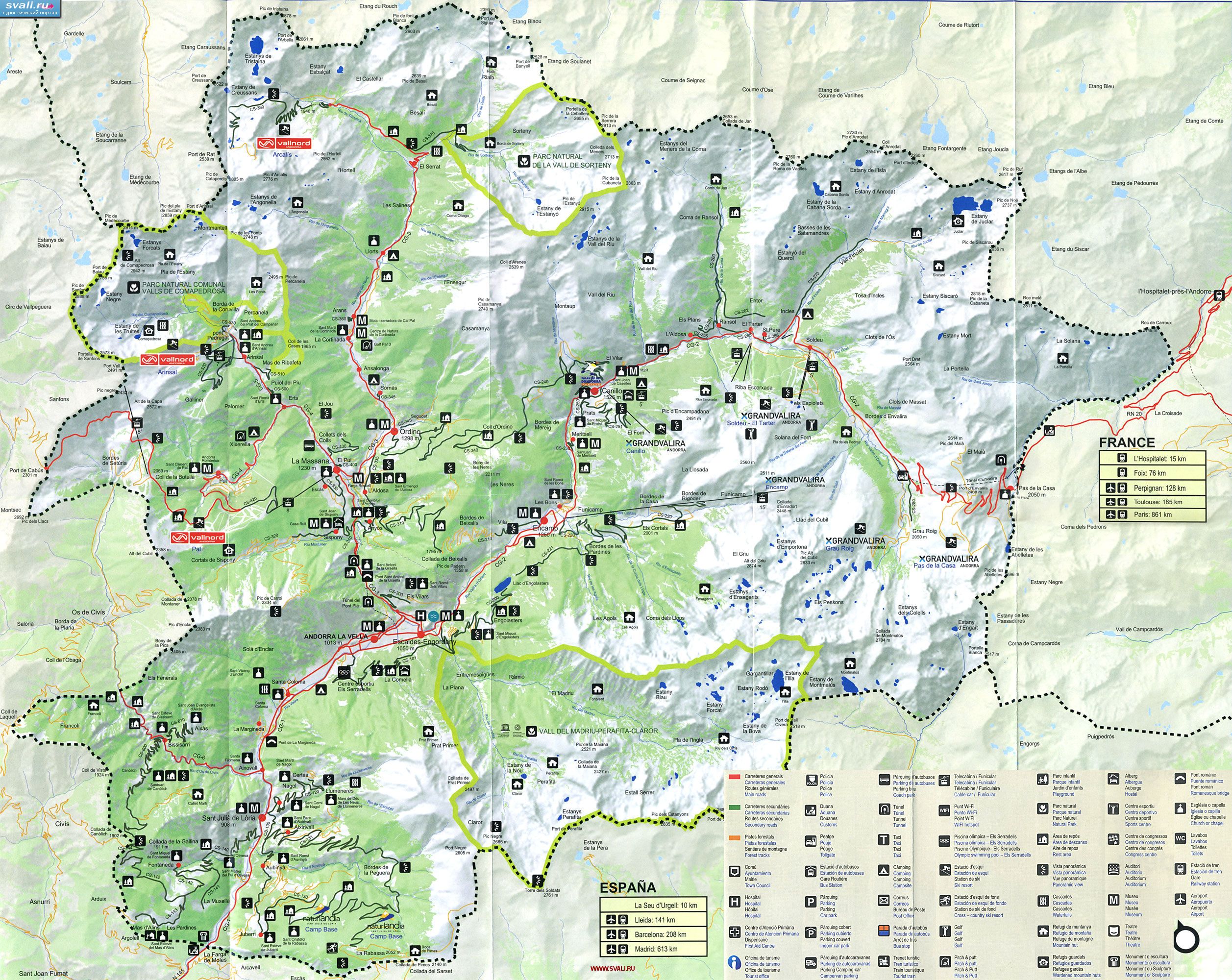 Подробная туристическая карта Андорры с указанием достопримечательностей (англ.)
