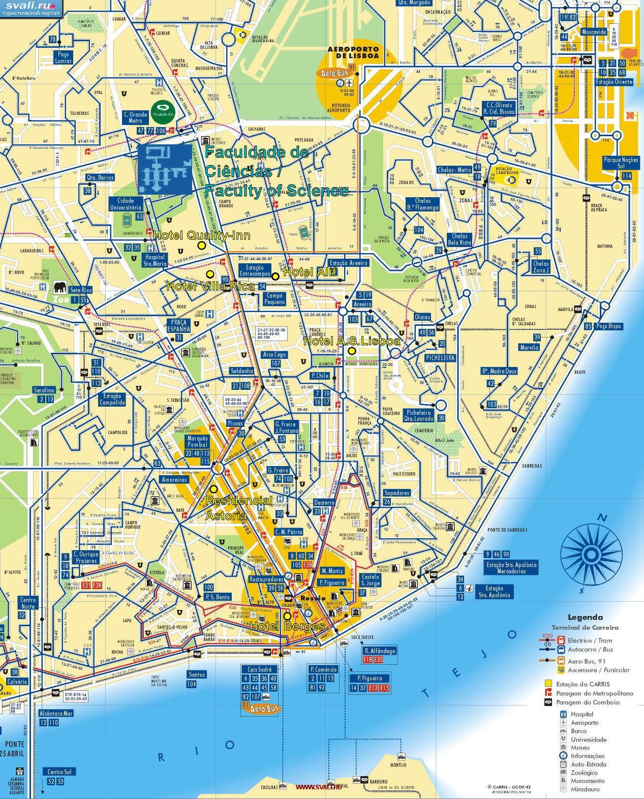 Карта общественного транспорта Лиссабона, столицы Португалии.