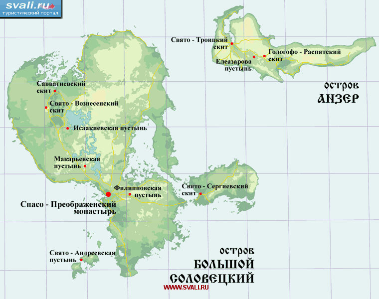 Карта Соловецких островов (Соловки), Архангельская область, Россия.