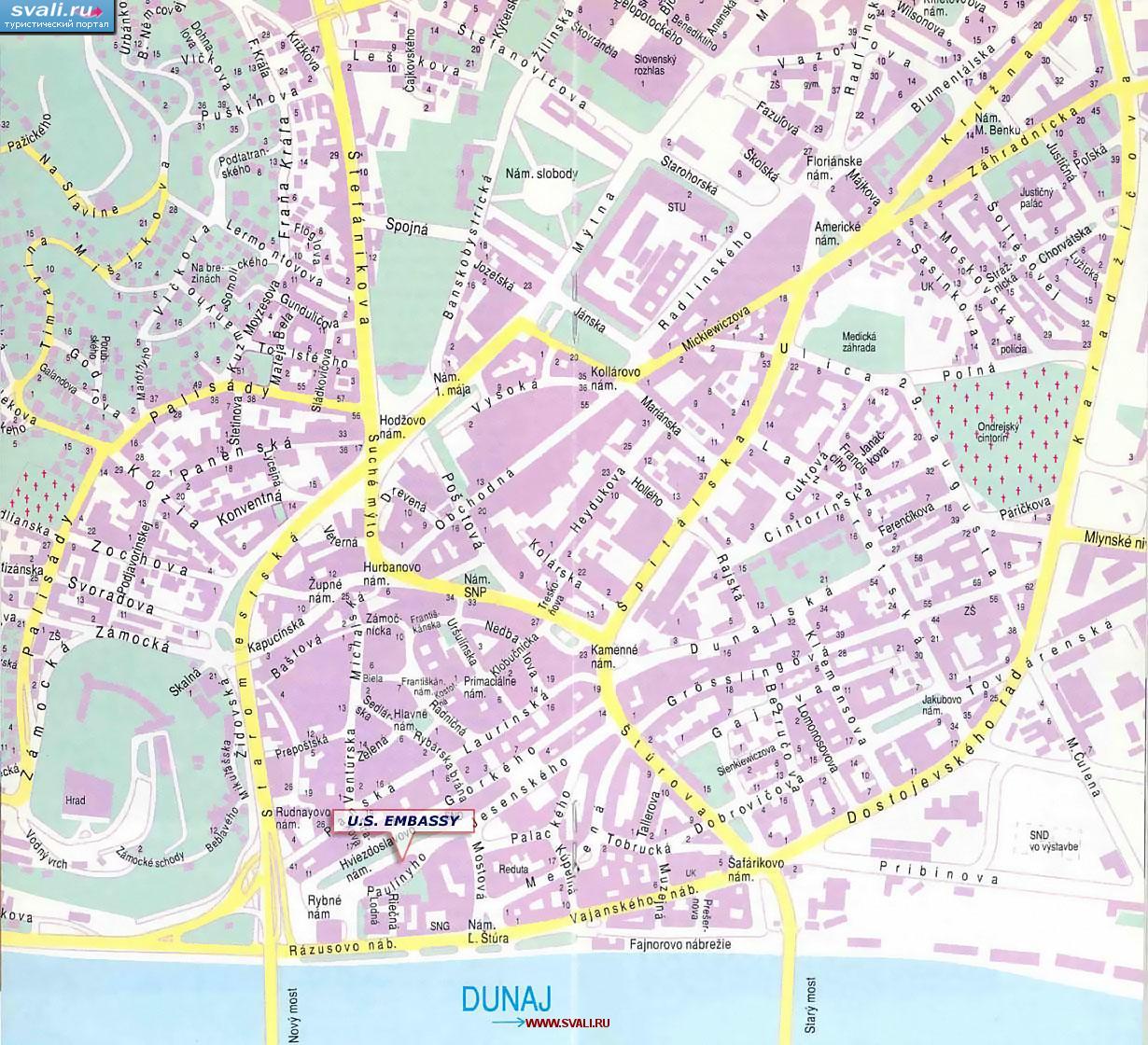 Карта центра Братиславы, столицы Словакии (слов.)