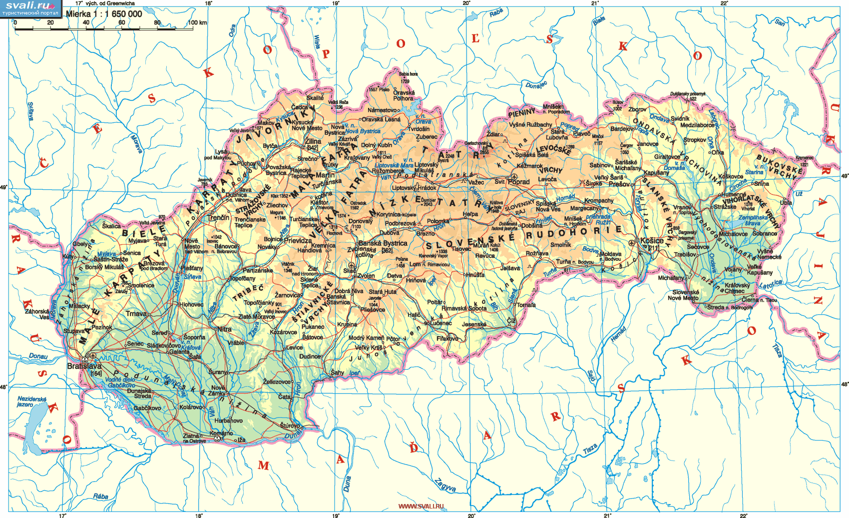 карты : Карта Словакии с рельефом (слов.)
