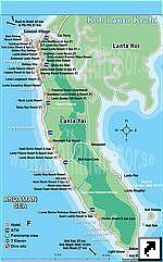Туристическая карта островов Ланта (Ко Ланта Яй, Ко Ланта Ной, Koh Lanta), провинция Краби (Krabi), Тайланд.
