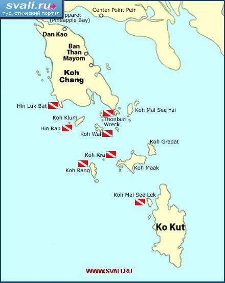 Карта мест для дайвинга архипелага Чанг (Chang), провинция Трат, Тайланд (англ.)