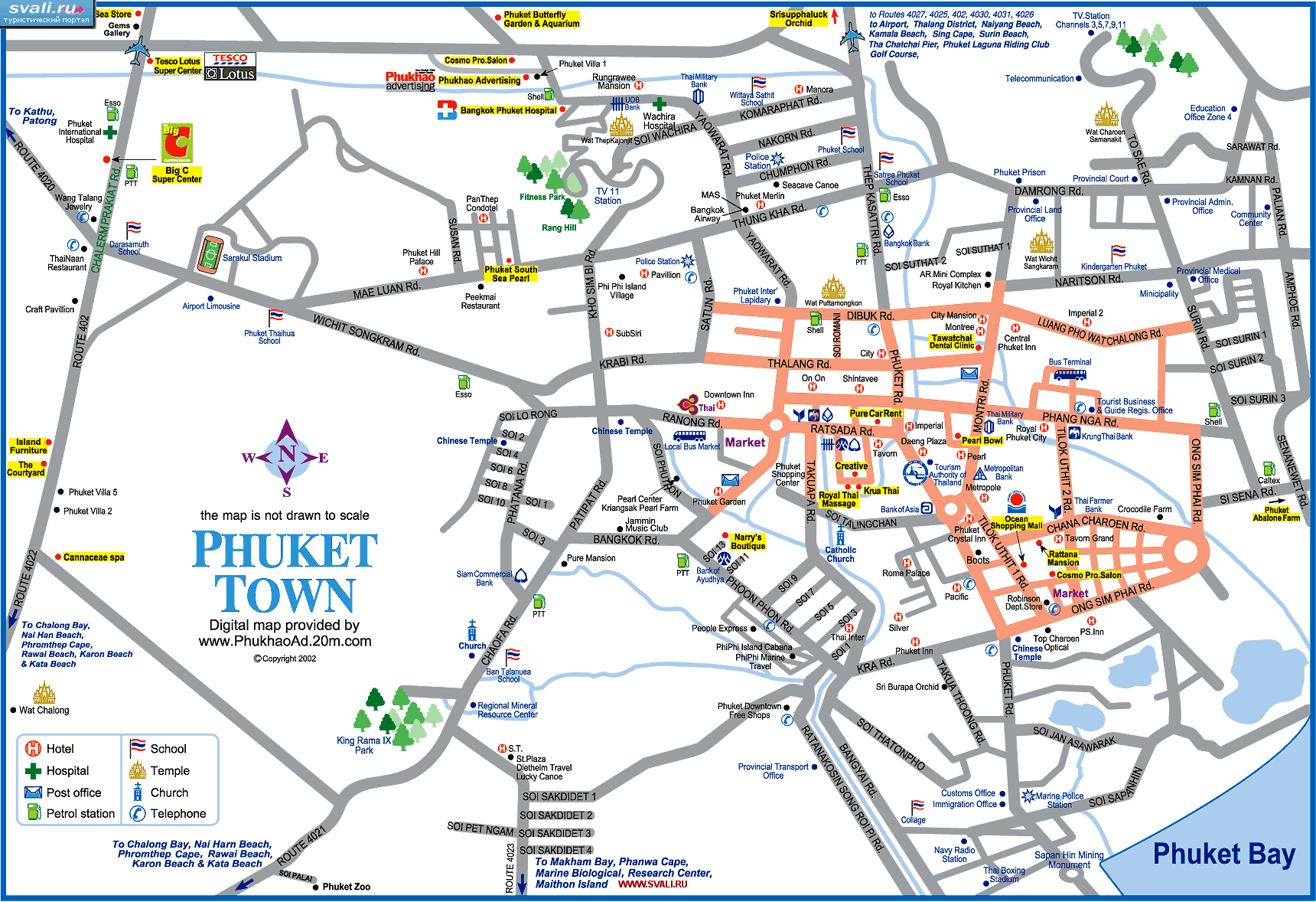 Туристическая карта города Пхукет, остров Пхукет (Phuket), юг Тайланда (англ.)