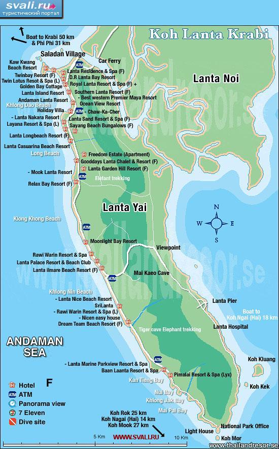 Туристическая карта островов Ланта (Ко Ланта Яй, Ко Ланта Ной, Koh Lanta), провинция Краби (Krabi), Тайланд.