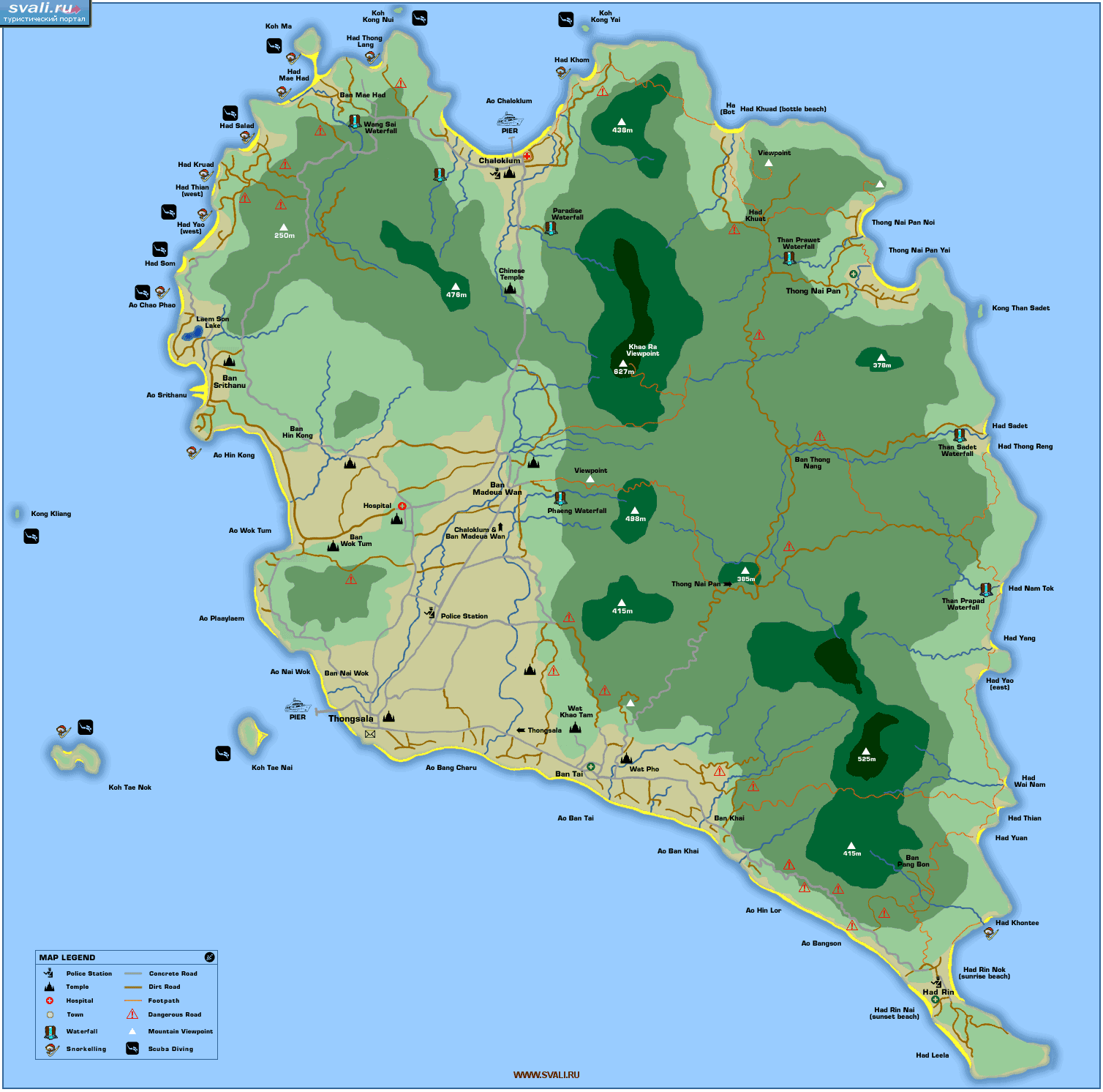 Карта острова Фанган (Koh Phangan) с местами погружений, юг Тайланд (англ.)