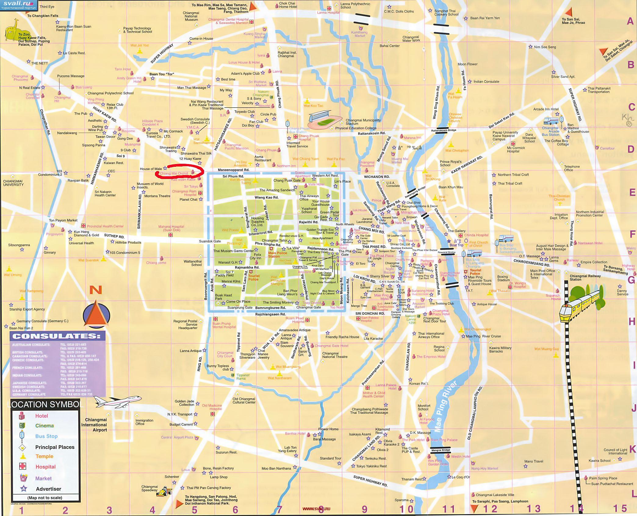Подробная туристическая карта Чиангмая (Chiangmai), север Тайланд (англ.)