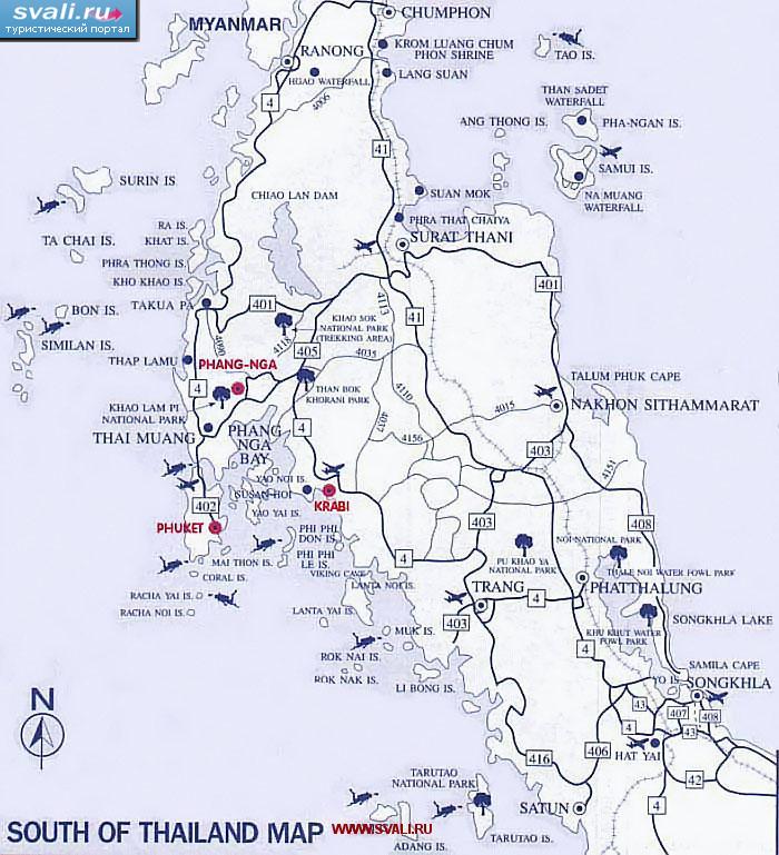 Карта юга Тайланда (англ.)