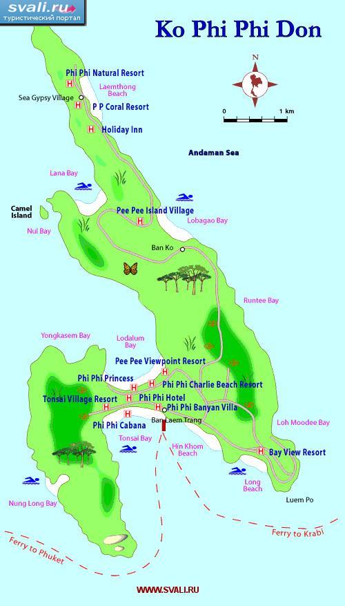Карта острова Пи-Пи (Phi-Phi Don) недалеко от острова Пхукет (Phuket), юг Тайланда (англ.)