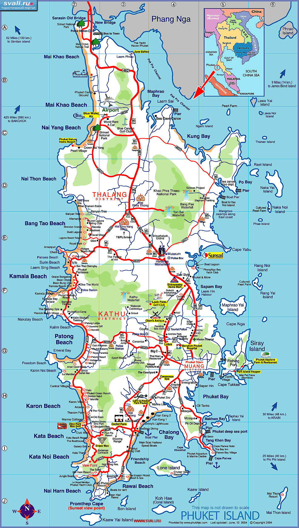 Карта острова Пхукет (Phuket), юг Тайланда (англ.)