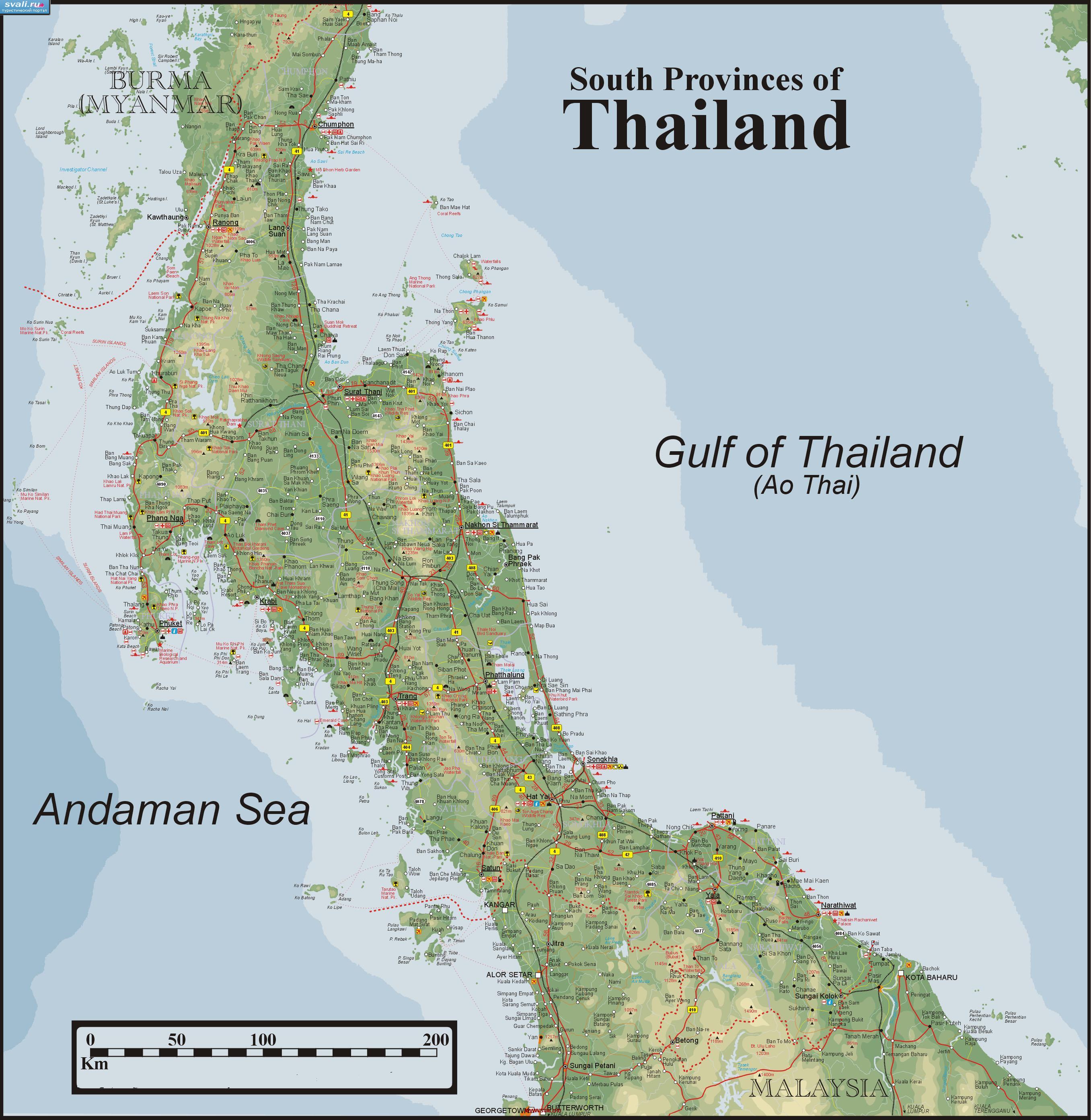 Подробная карта юга Тайланда (англ.)