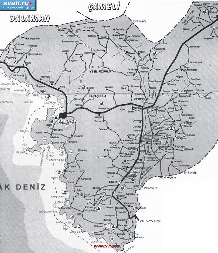 Карта дорог окрестностей Фетие (тур.)