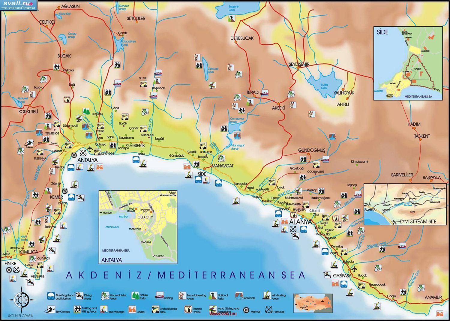 Туристическая карта окрестностей Аланьи (англ.)