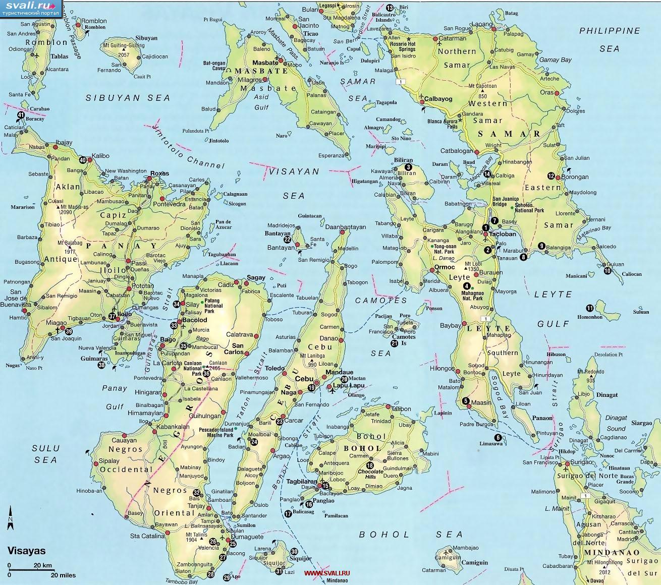 Карта региона Visayas: острова Панай (Panay), Себу (Cebu), Негрос (Negros), Самар (Samar), Филиппины (англ.)
