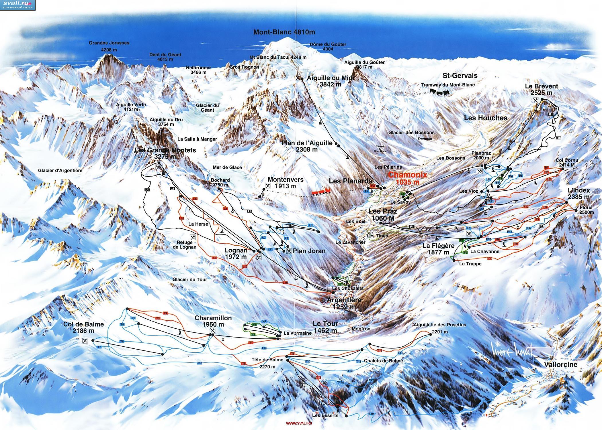Карта горнолыжнного курорта Шамони (Chamonix), Франция.