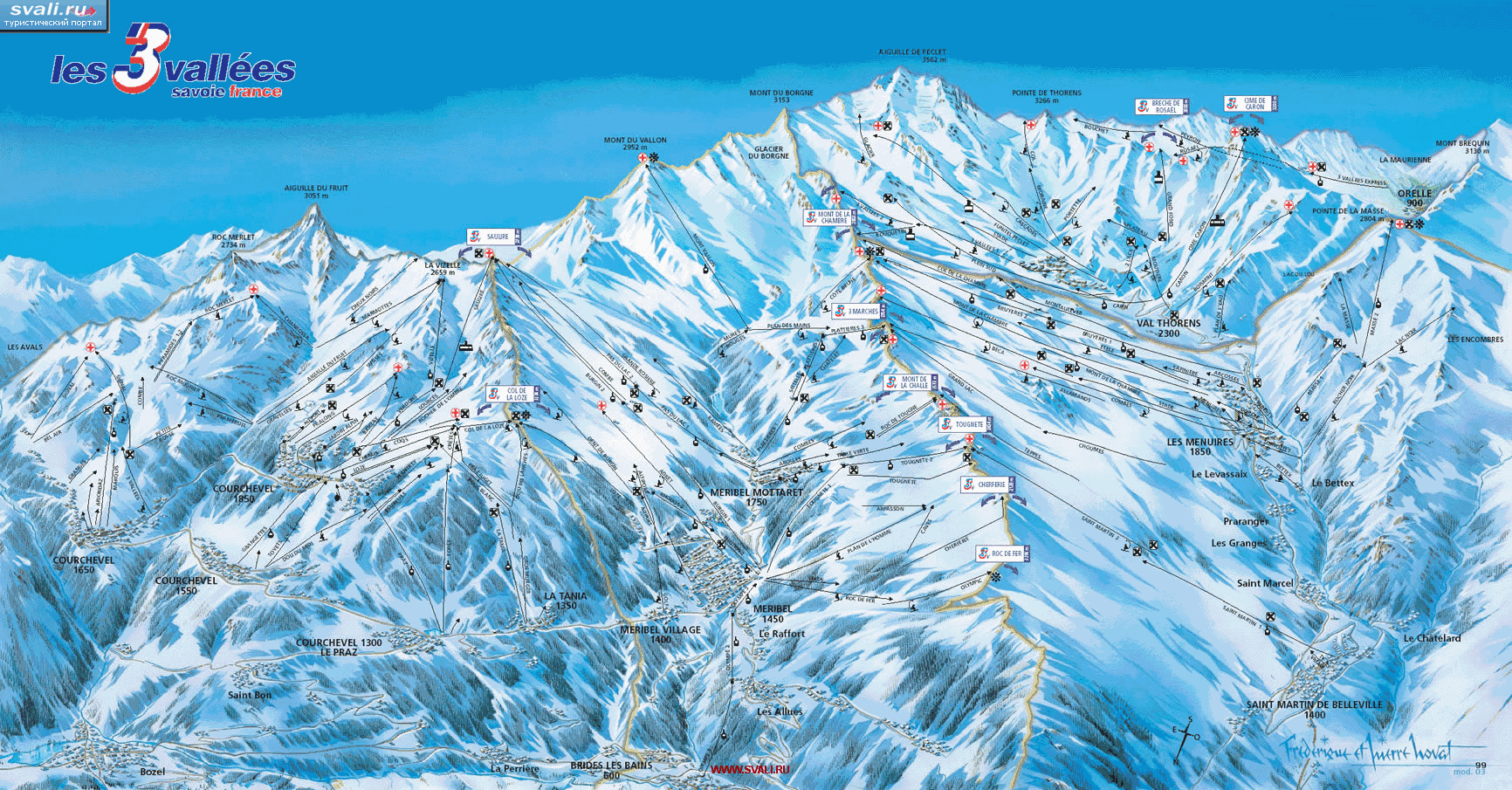 Обзорная карта горнолыжного курорта "3 долины" (Куршевель, Мерибель и Валь-Торанс), Франция.