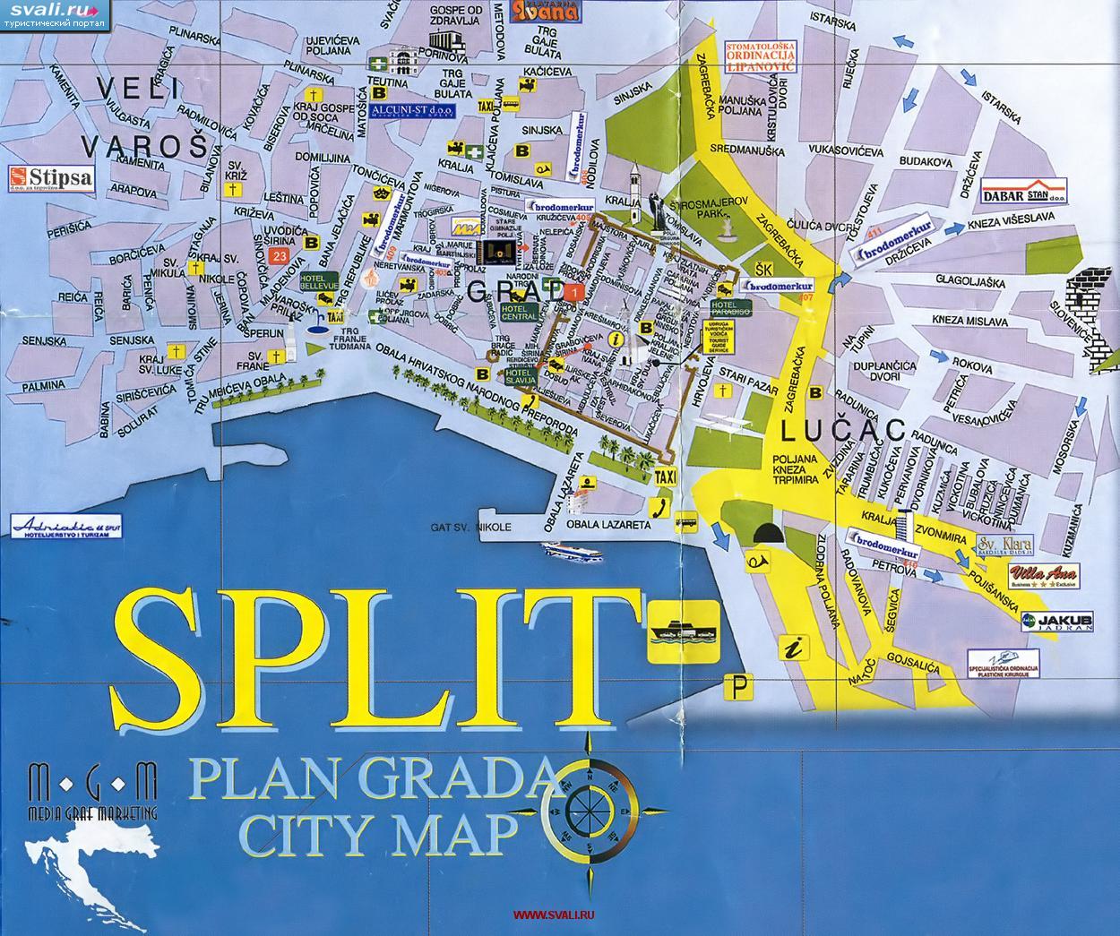 Карта центра города Сплит (Split), Хорватия (хорв.)