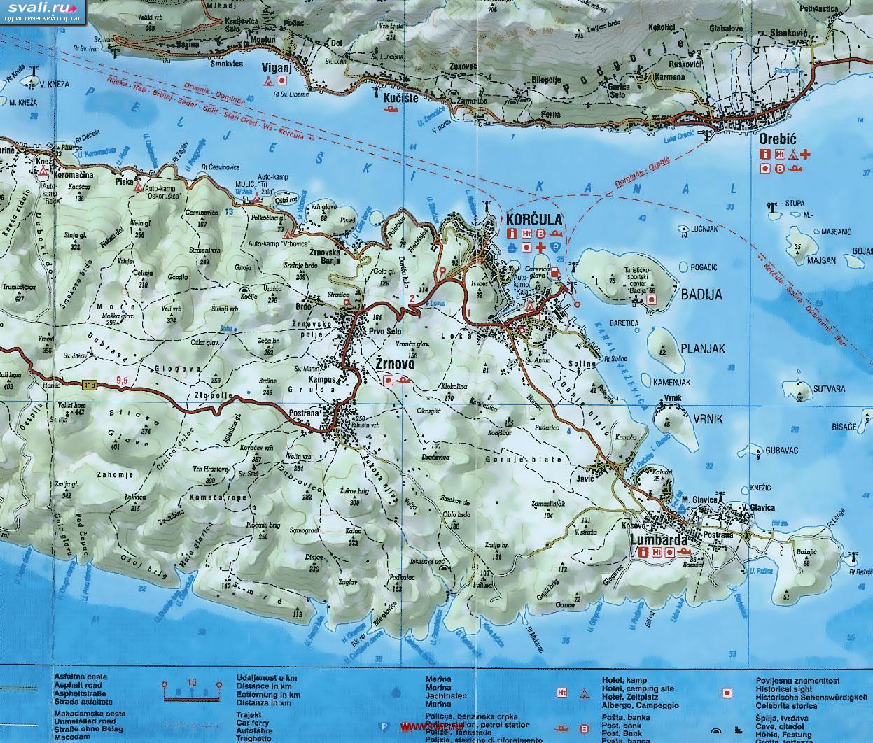 Карта острова Корчула, Хорватия (хорв.)