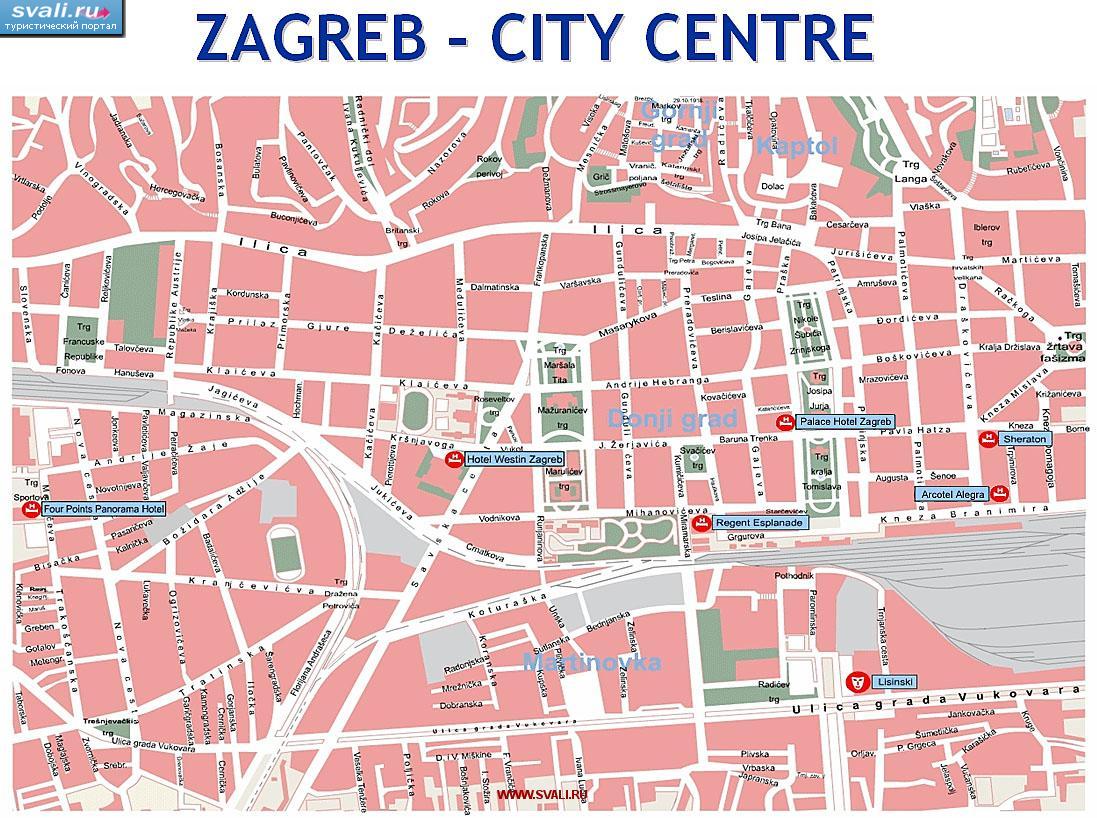 Карта центра Загреба, Хорватия (англ.)