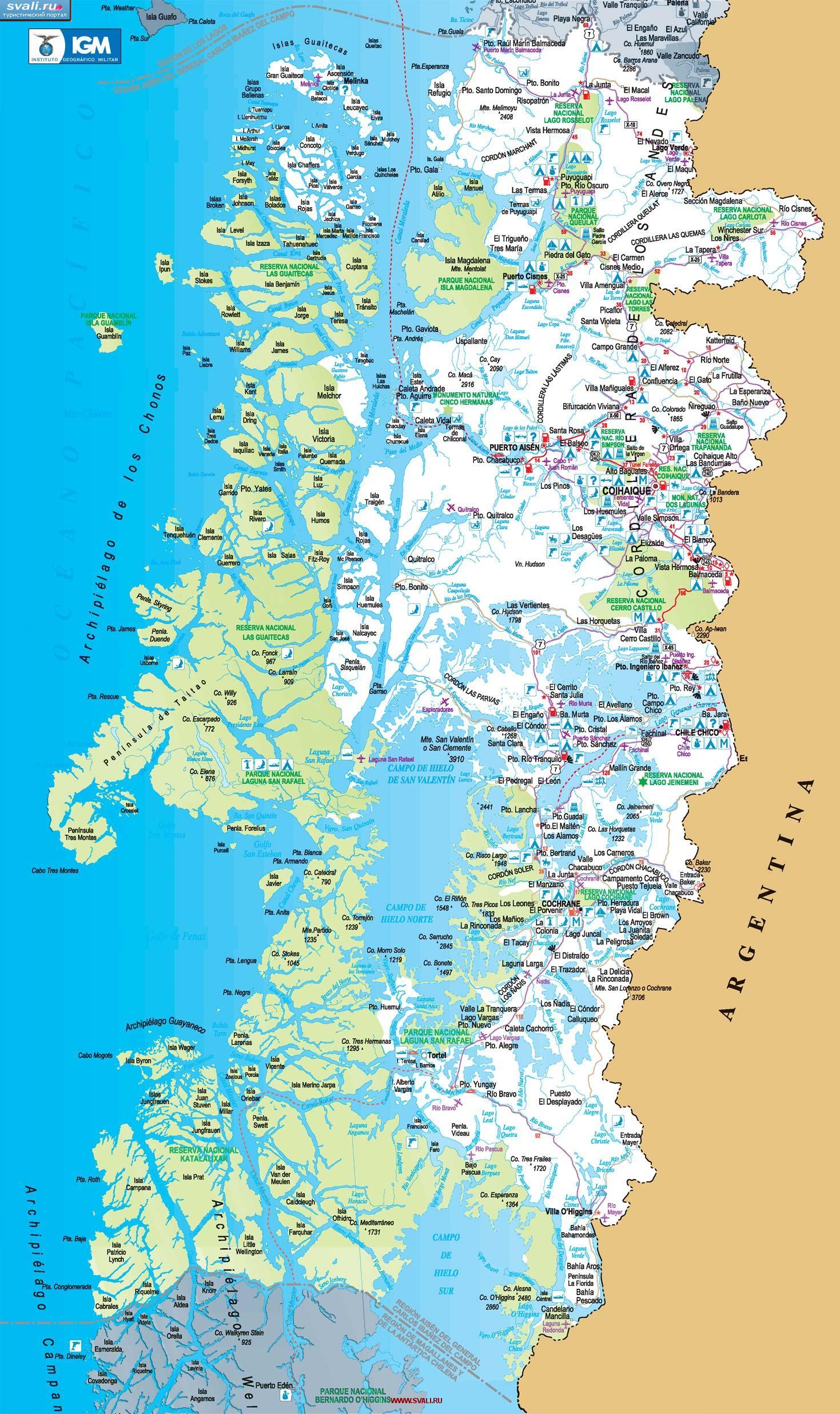 Подробная карта региона Айсен (Region Aysen), Чили (исп.)