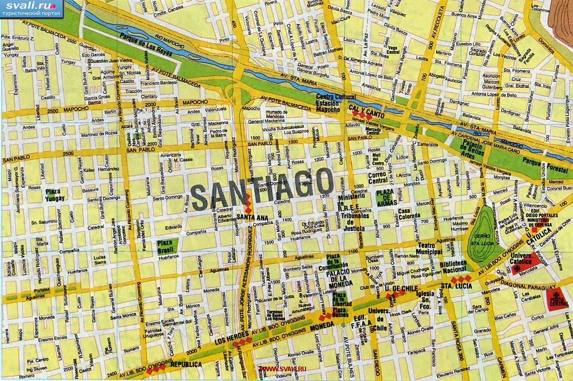 Карта центра Сантьяго (Santiago), столицы Чили (исп.)