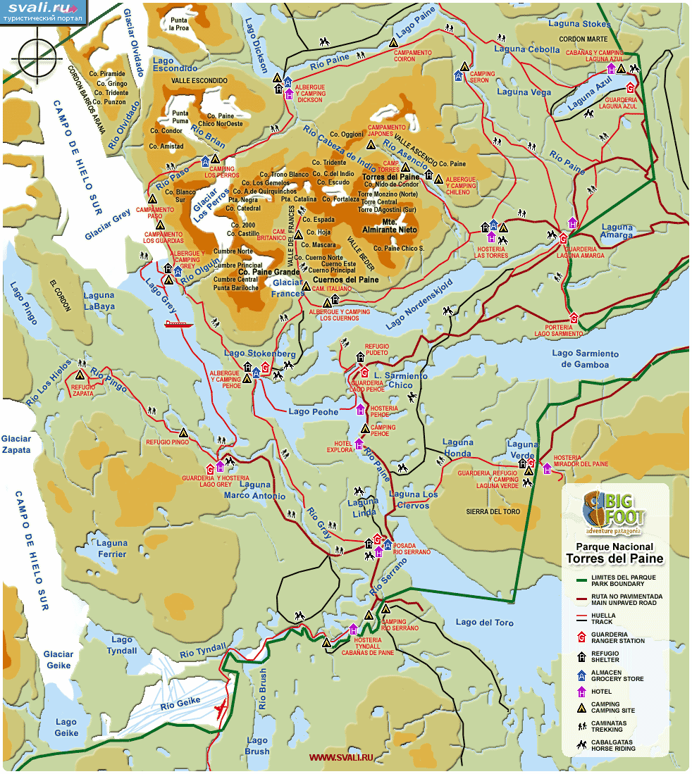Карта национального парка Торрес-дель-Пайн (Torres del Paine), Чили (исп.)