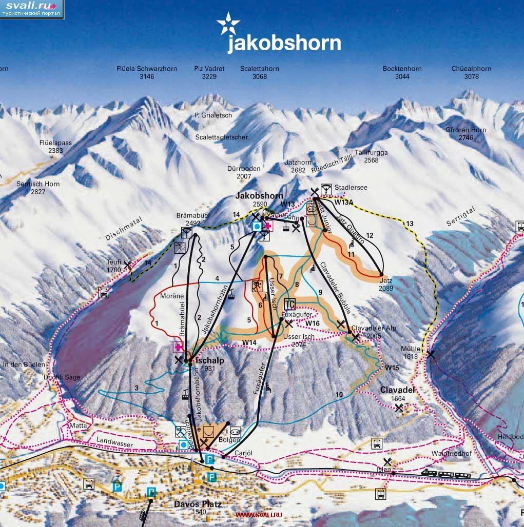 карты : Карта горнолыжного курорта Jakobshorn, Давос (Davos), Швейцария ...