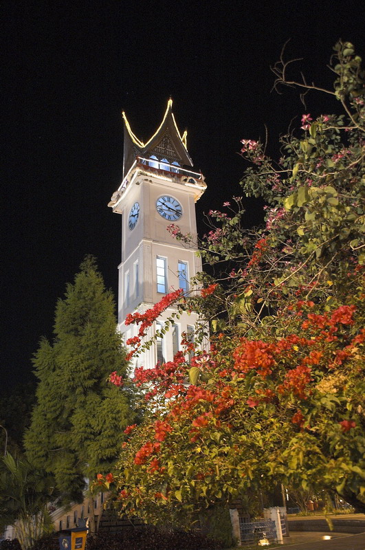 Часовая башня на площади в Букиттинги вечером.